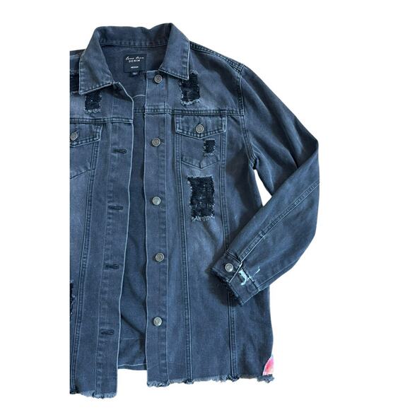 MILEY CYRUS Bangerz Y2K Upcycled Retro Black Distressed Denim Jacket Size M - Picture 7 of 14